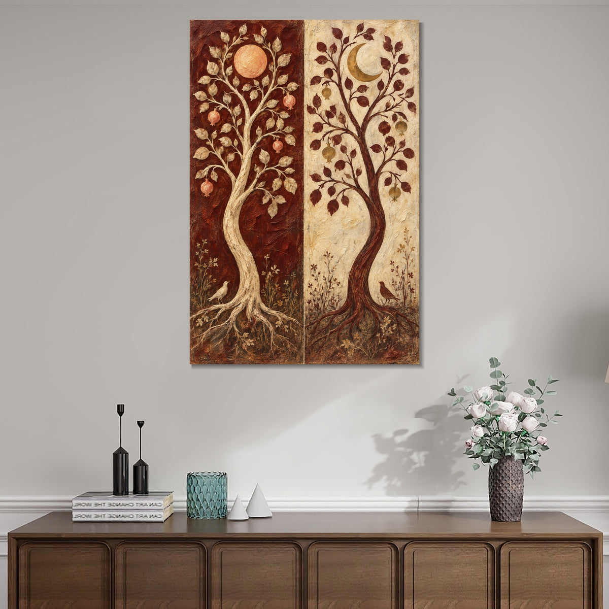 INVIN ART Framed Canvas 100% Handpainted Oil Painting Twin Trees in Burgundy and Ivory Wall Art