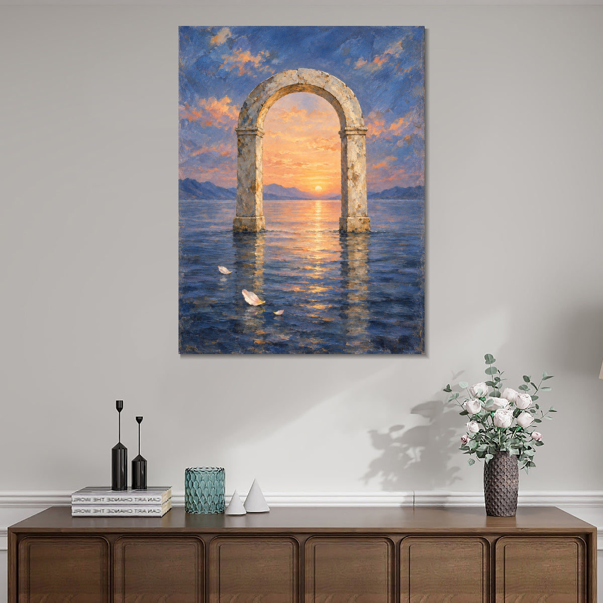 INVIN ART Framed Canvas 100% Handpainted Oil Painting Dawn Arch in Still Water Wall Art