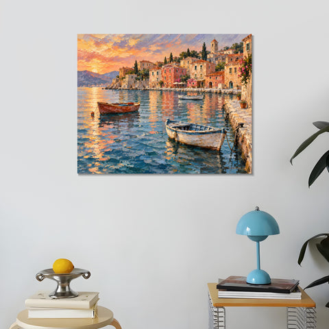 INVIN ART Framed Canvas 100% Handpainted Oil Painting Boats in the Evening Harbor Wall Art