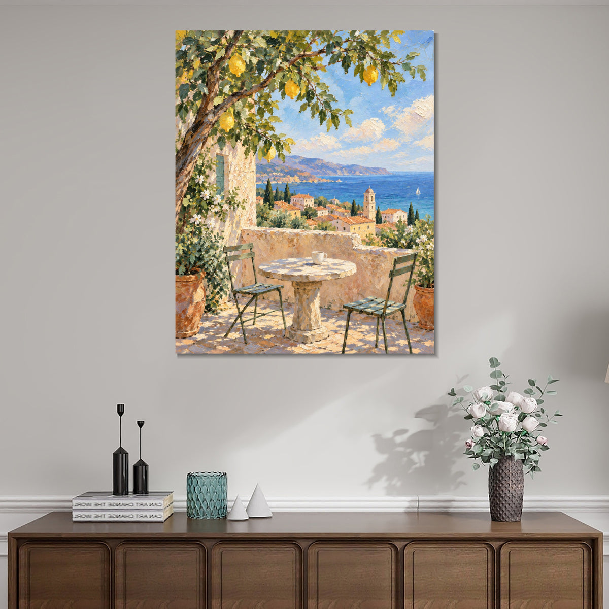 INVIN ART Framed Canvas 100% Handpainted Oil Painting Sea View Beneath the Lemon Tree Wall Art