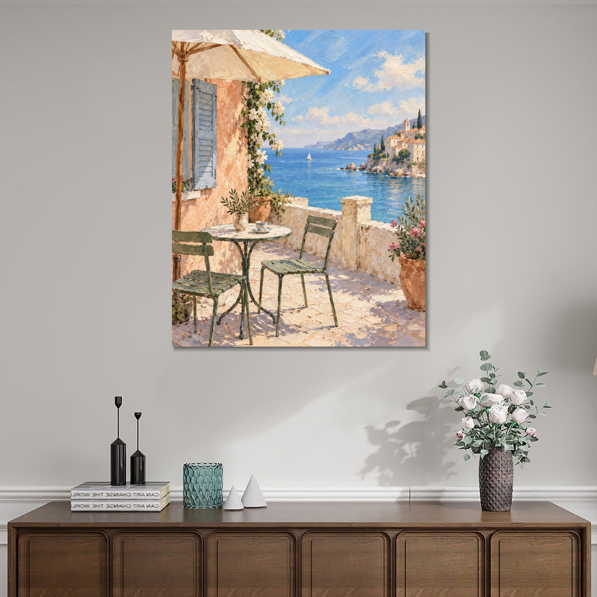INVIN ART Framed Canvas 100% Handpainted Oil Painting Afternoon on the Coastal Terrace Wall Art