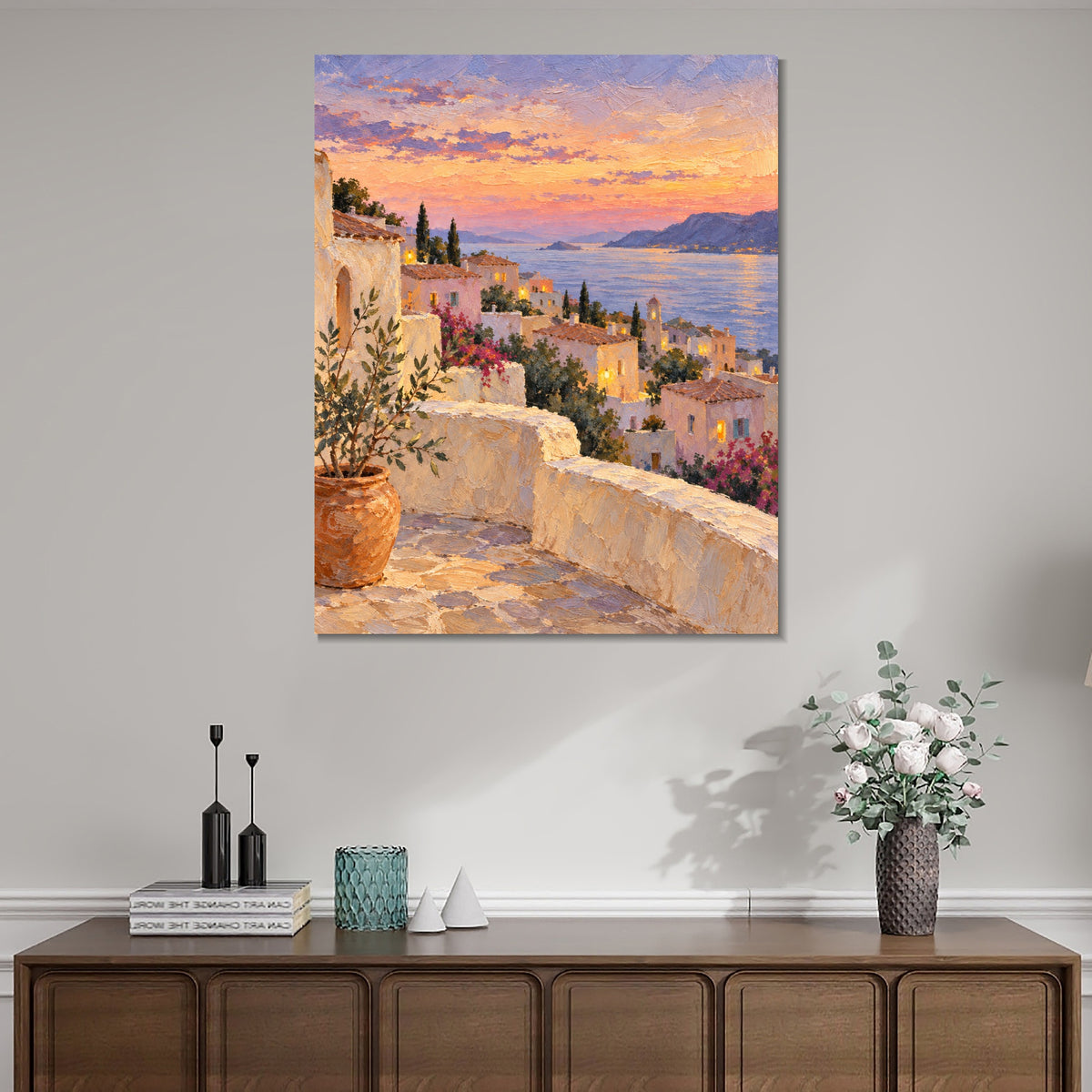 INVIN ART Framed Canvas 100% Handpainted Oil Painting Terraced Town at Sunset Wall Art
