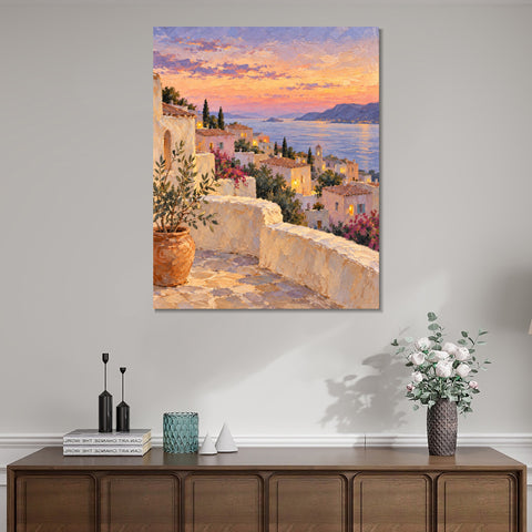 INVIN ART Framed Canvas 100% Handpainted Oil Painting Terraced Town at Sunset Wall Art