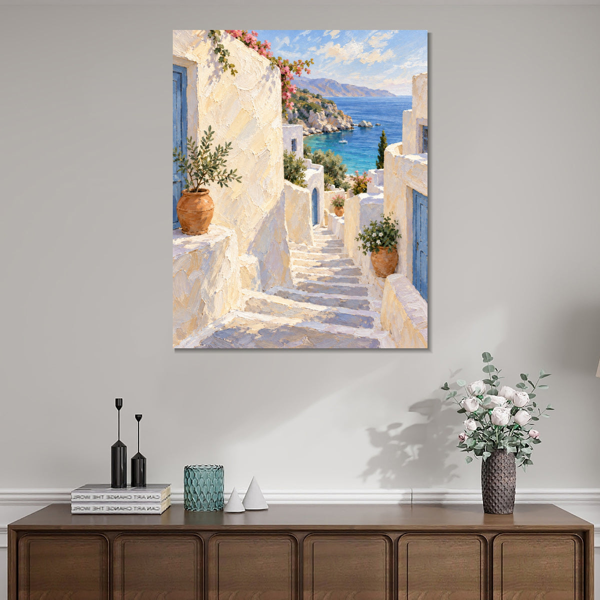 INVIN ART Framed Canvas 100% Handpainted Oil Painting White Steps to the Blue Sea Wall Art