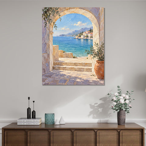 INVIN ART Framed Canvas 100% Handpainted Oil Painting Blue Sea Through the Stone Arch Wall Art