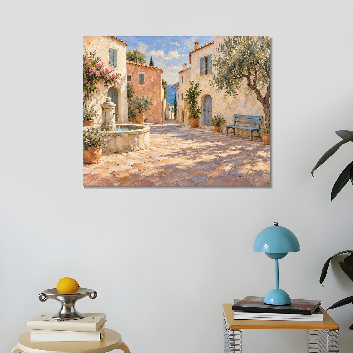 INVIN ART Framed Canvas 100% Handpainted Oil Painting Sunny Lane by the Fountain Wall Art