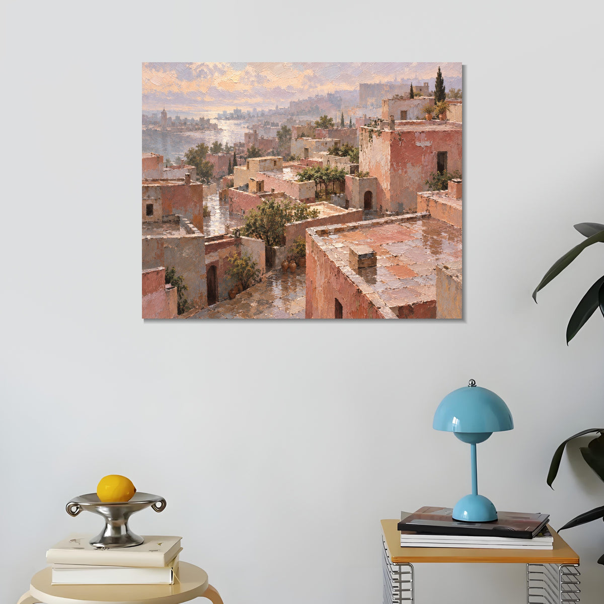 INVIN ART Framed Canvas 100% Handpainted Oil Painting Pink Rooftops Above the Sea Wall Art