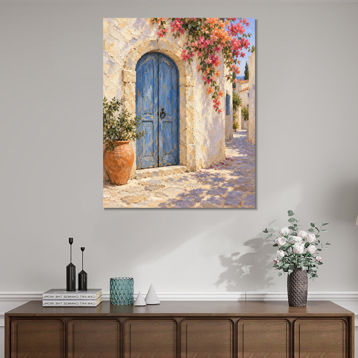INVIN ART Framed Canvas 100% Handpainted Oil Painting Blue Door Beneath Blossoms Wall Art