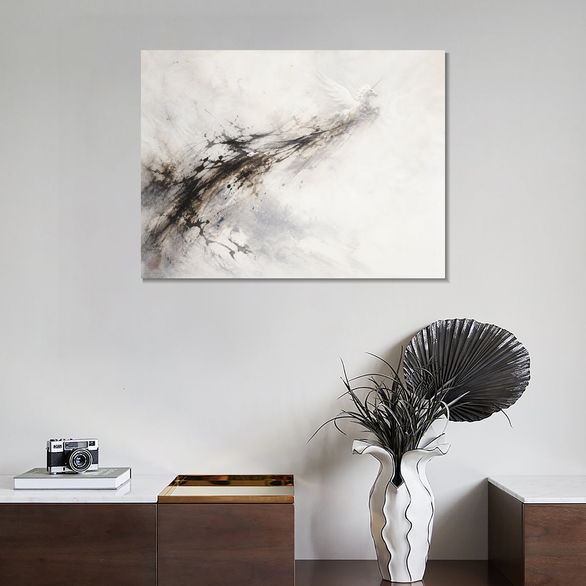 INVIN ART Framed Canvas 100% Handpainted Oil Painting Unicorn in Ink and Mist Wall Art