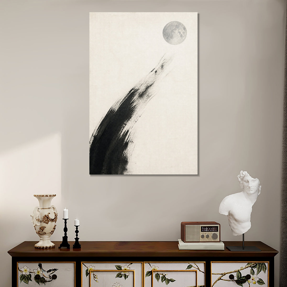 INVIN ART Framed Canvas 100% Handpainted Oil Painting Moon Descending into White Wall Art
