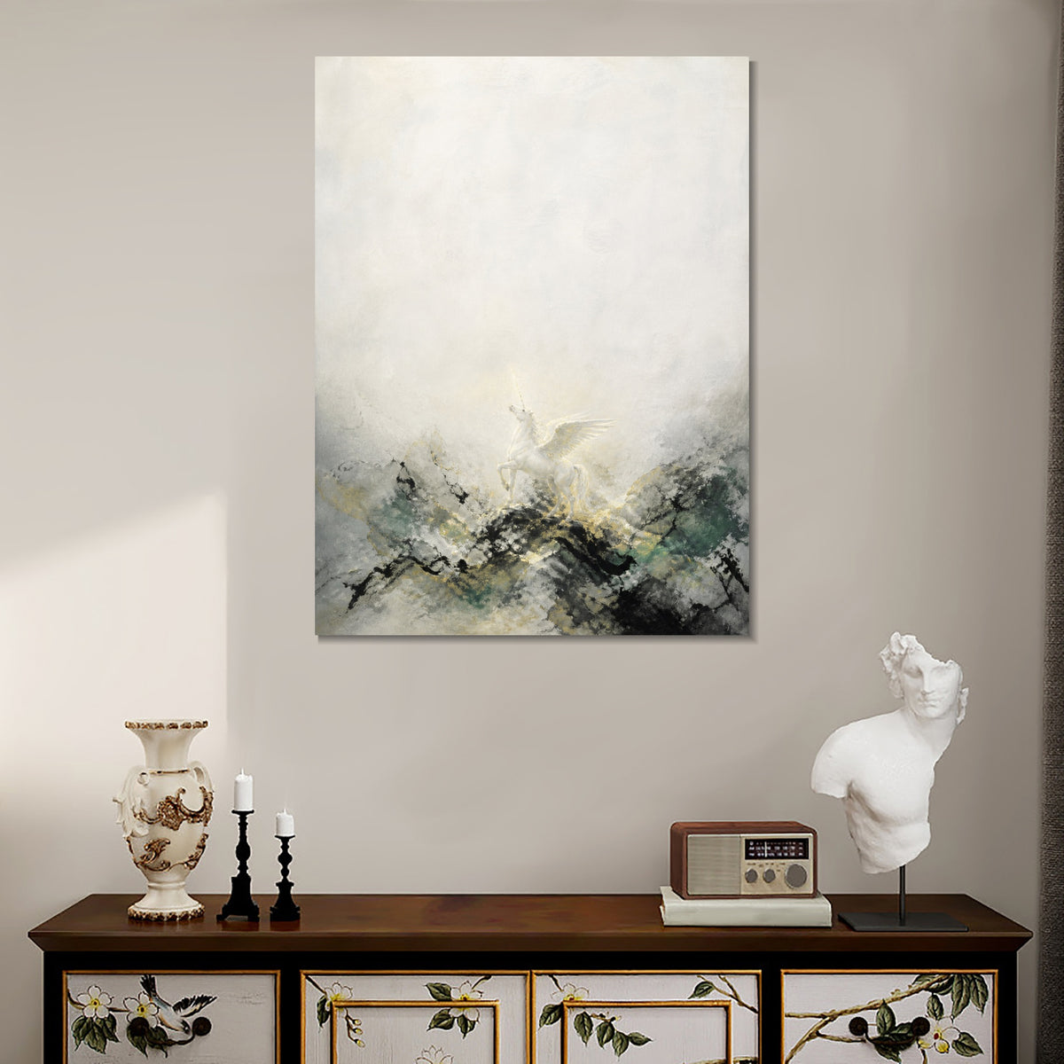 INVIN ART Framed Canvas 100% Handpainted Oil Painting Winged Unicorn Above Misty Hills Wall Art