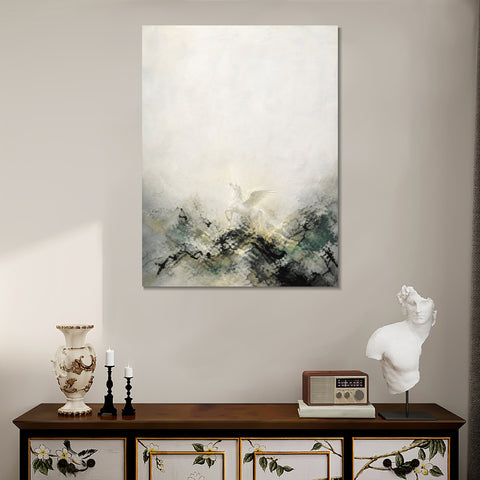 INVIN ART Framed Canvas 100% Handpainted Oil Painting Winged Unicorn Above Misty Hills Wall Art