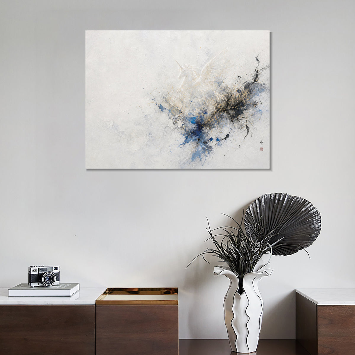 INVIN ART Framed Canvas 100% Handpainted Oil Painting Unicorn in Blue and Gold Mist Wall Art