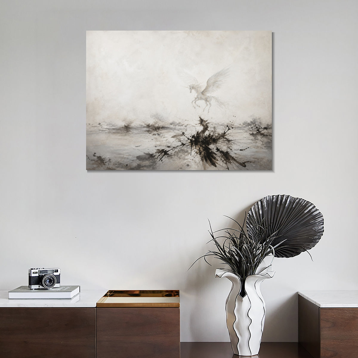 INVIN ART Framed Canvas 100% Handpainted Oil Painting Unicorn Above Misty Waters Wall Art