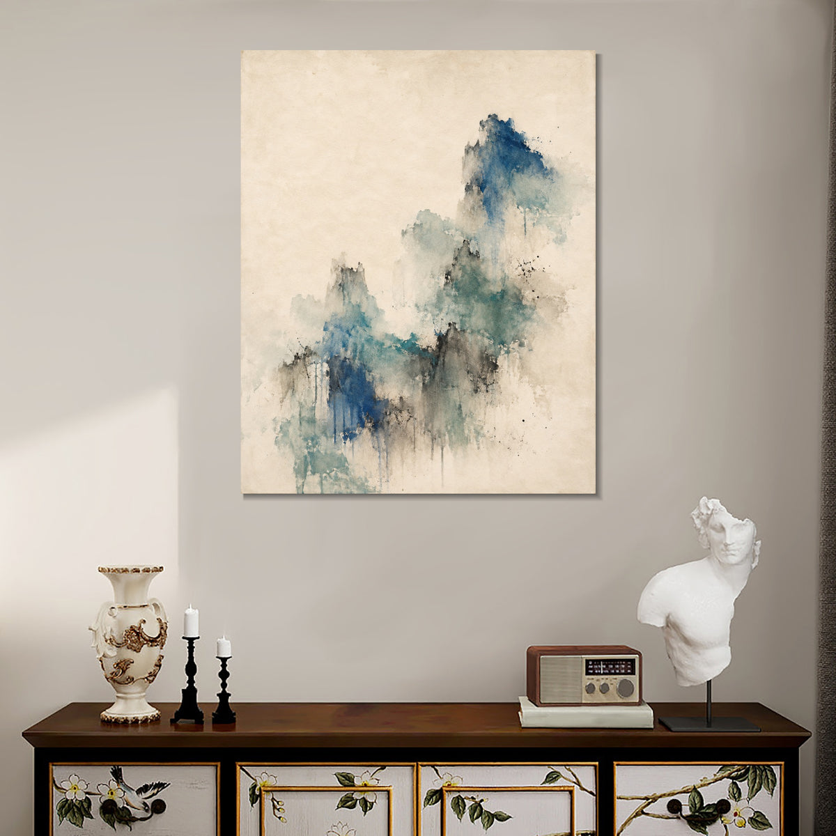 INVIN ART Framed Canvas 100% Handpainted Oil Painting Blue Green Memory Wall Art