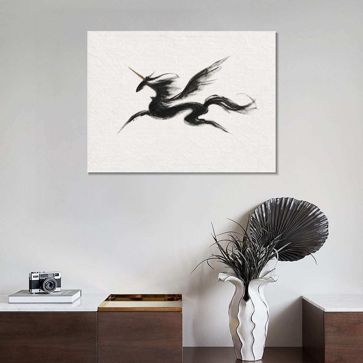 INVIN ART Framed Canvas 100% Handpainted Oil Painting Unicorn in Sweeping Black Lines Wall Art