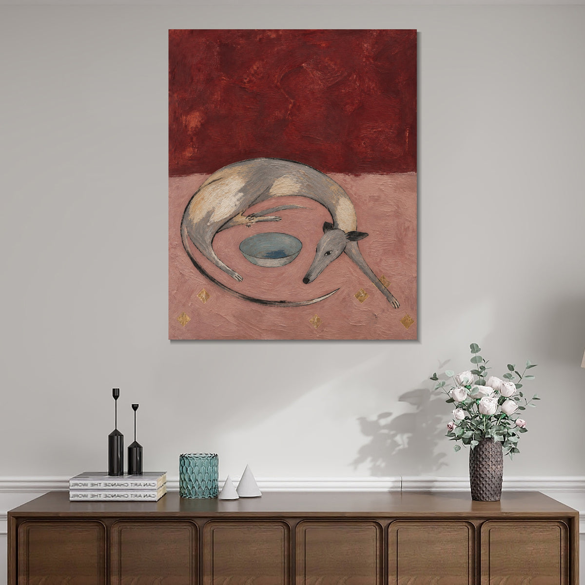 INVIN ART Framed Canvas 100% Handpainted Oil Painting Resting Dog and the Bowl Wall Art