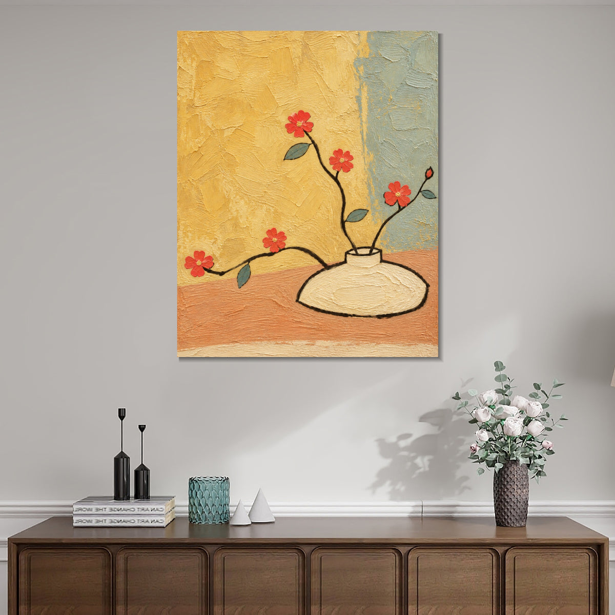 INVIN ART Framed Canvas 100% Handpainted Oil Painting Red Flowers Against Yellow Wall Art