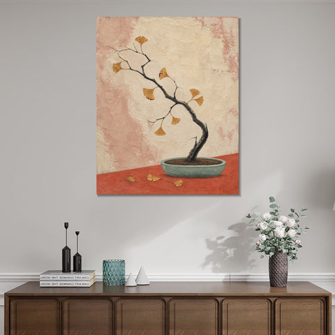 INVIN ART Framed Canvas 100% Handpainted Oil Painting Ginkgo Branch in a Shallow Pot Wall Art