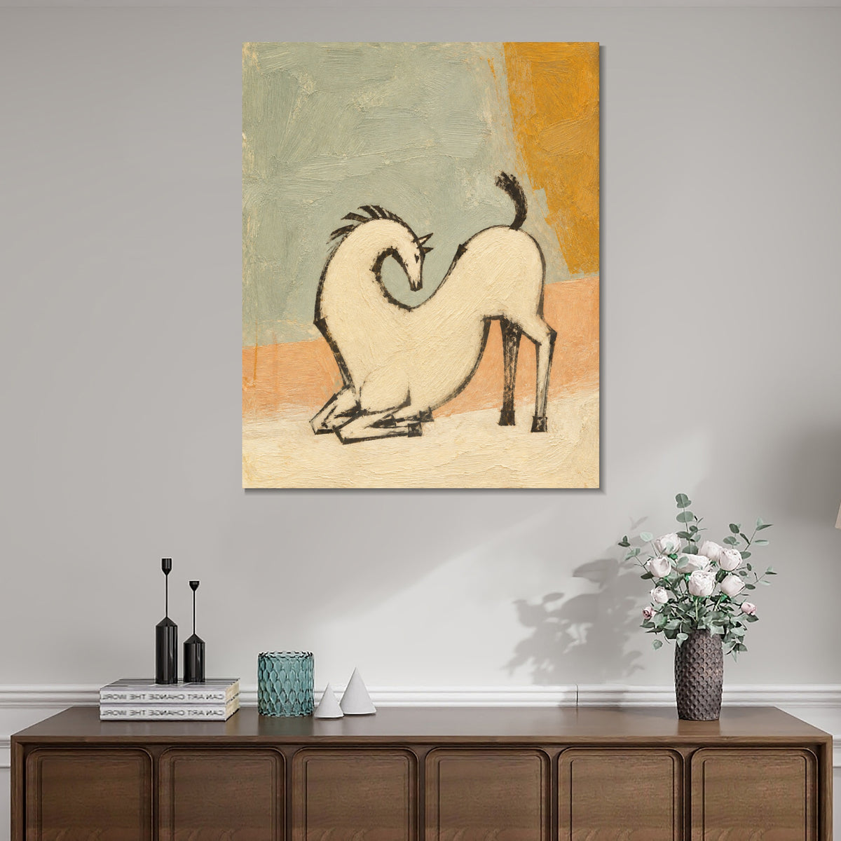 INVIN ART Framed Canvas 100% Handpainted Oil Painting White Horse with a Curved Neck Wall Art