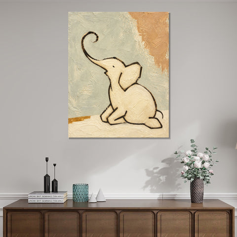 INVIN ART Framed Canvas 100% Handpainted Oil Painting Elephant with a Raised Trunk Wall Art