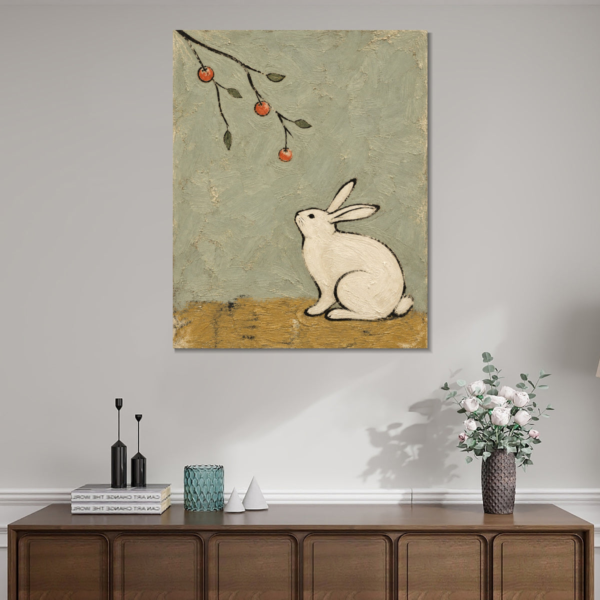 INVIN ART Framed Canvas 100% Handpainted Oil Painting Rabbit Beneath the Fruit Branch Wall Art