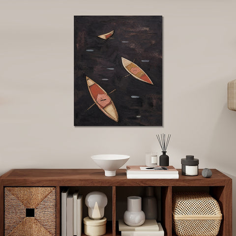 INVIN ART Framed Canvas 100% Handpainted Oil Painting Three Boats on Dark Water Wall Art