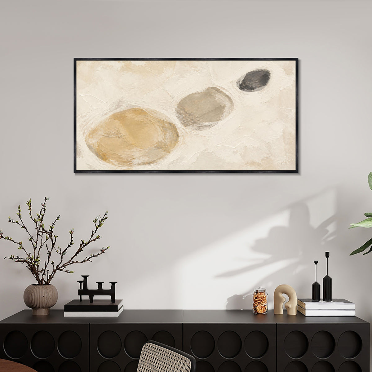 INVIN ART Framed Canvas 100% Handpainted Oil Painting Three Pebble Shapes Wall Art