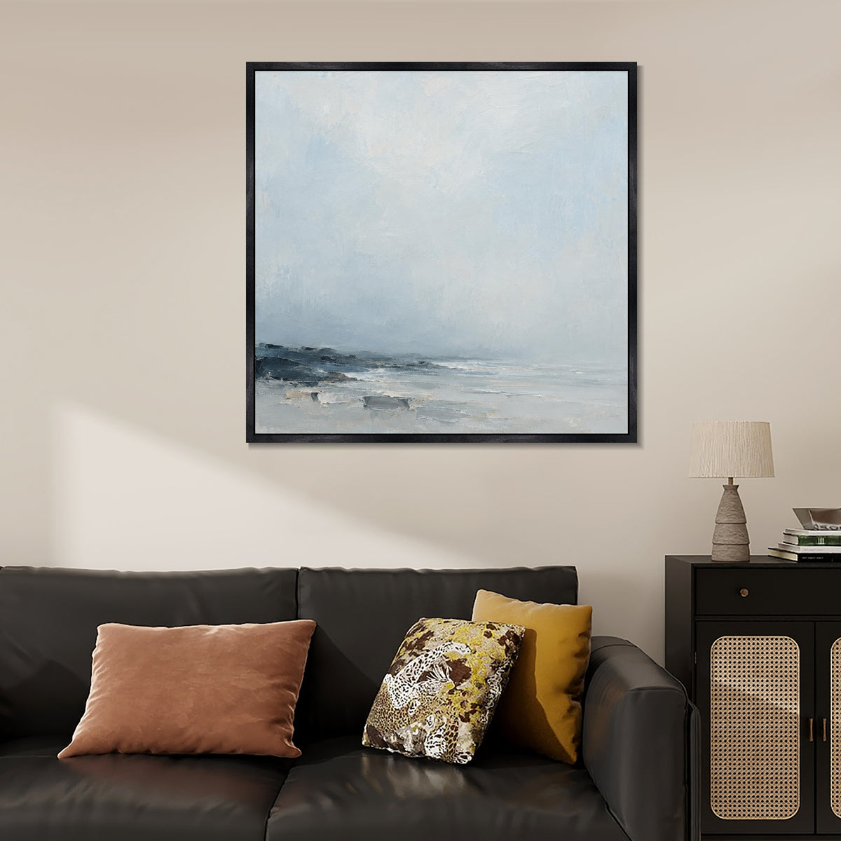 INVIN ART Framed Canvas 100% Handpainted Oil Painting Low Shore in Mist Wall Art