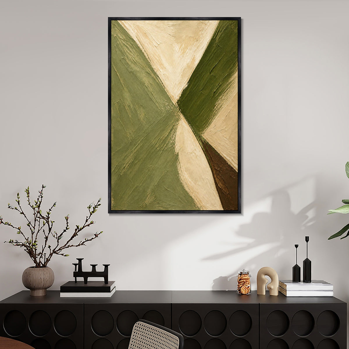 INVIN ART Framed Canvas 100% Handpainted Oil Painting Crossing Green Bands Wall Art