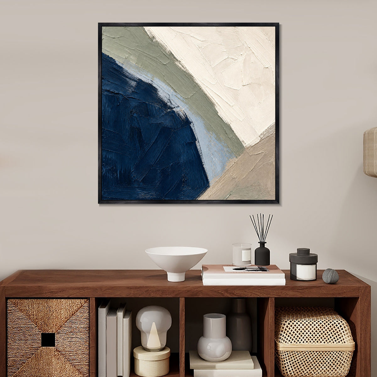 INVIN ART Framed Canvas 100% Handpainted Oil Painting Deep Blue Curved Shore Wall Art