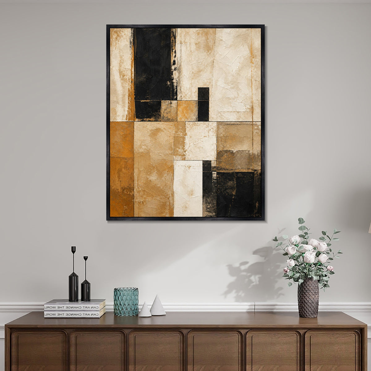 INVIN ART Framed Canvas 100% Handpainted Oil Painting Sand and Black Grid Wall Art