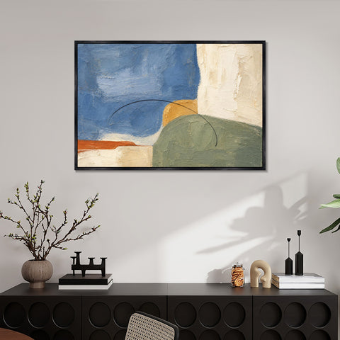 INVIN ART Framed Canvas 100% Handpainted Oil Painting Blue Field and Green Hill Wall Art