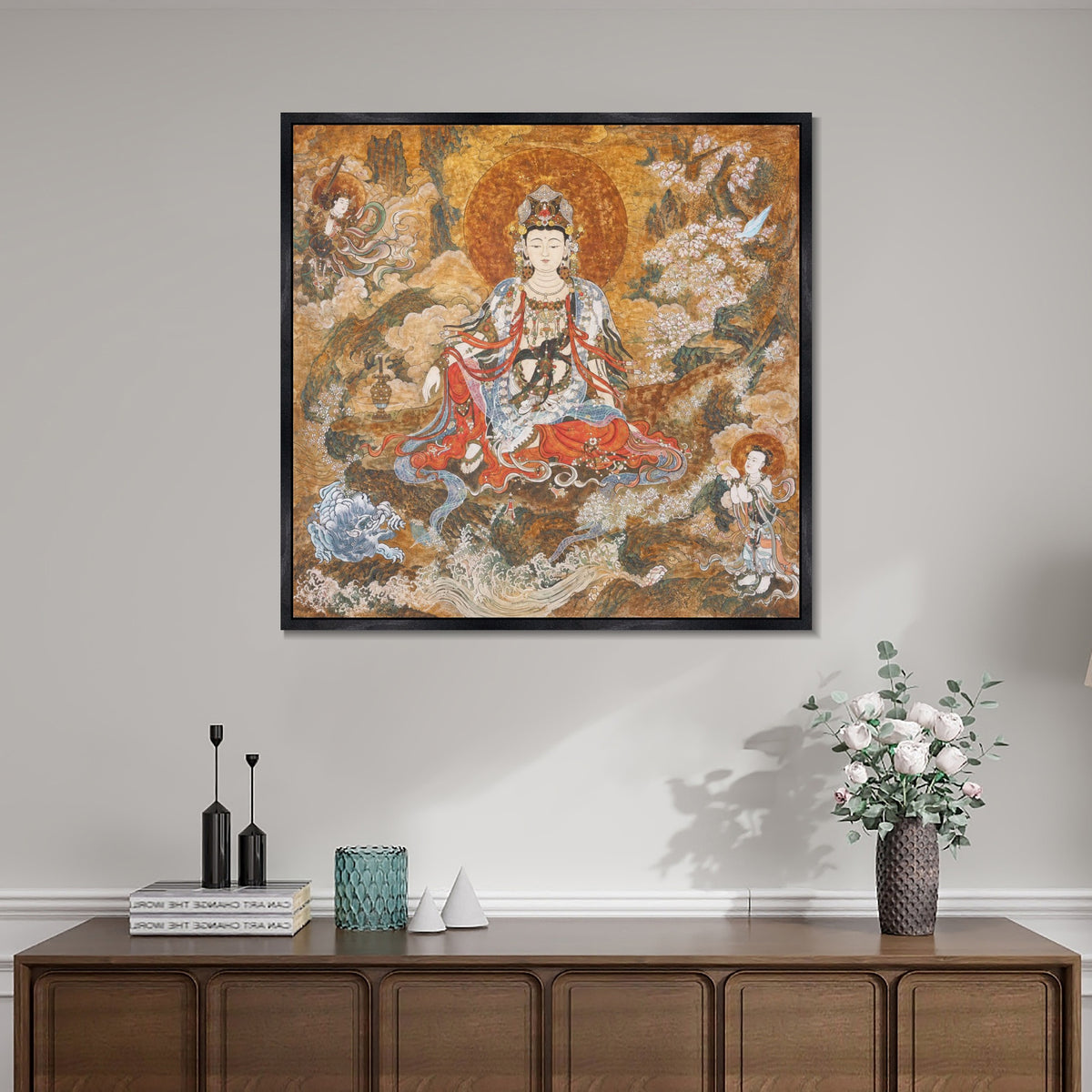 INVIN ART Framed Canvas 100% Handpainted Oil Painting Guanyin Among Blossoms Wall Art