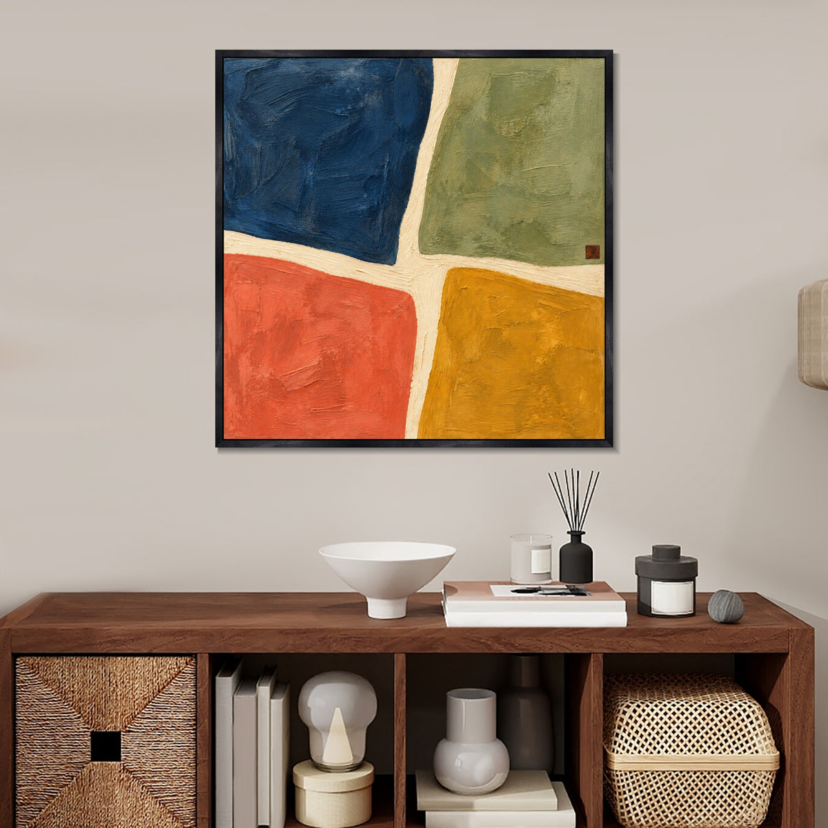 INVIN ART Framed Canvas 100% Handpainted Oil Painting Four Fields of Color Wall Art