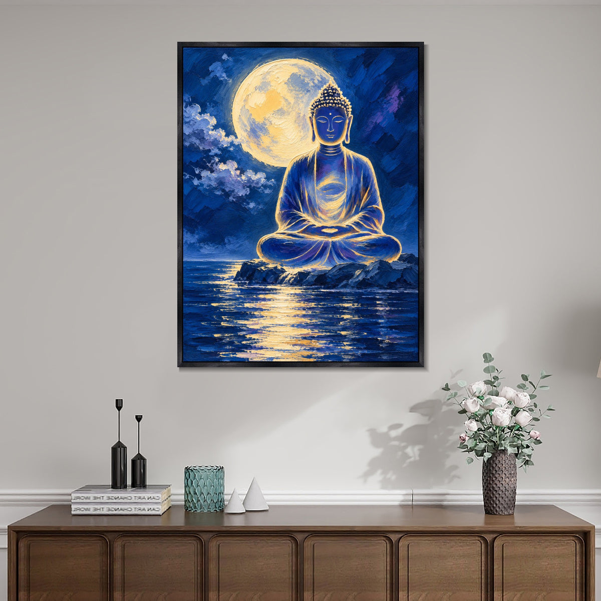 INVIN ART Framed Canvas 100% Handpainted Oil Painting Buddha Beneath the Full Moon Wall Art