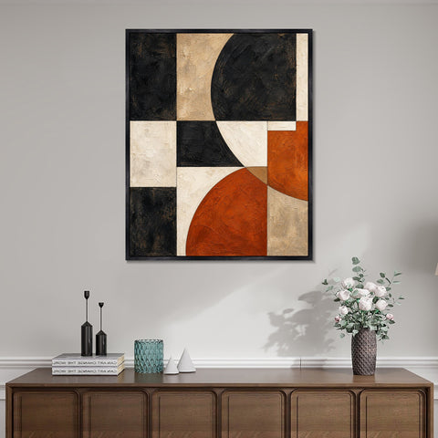 INVIN ART Framed Canvas 100% Handpainted Oil Painting Black and Rust Arc Grid Wall Art