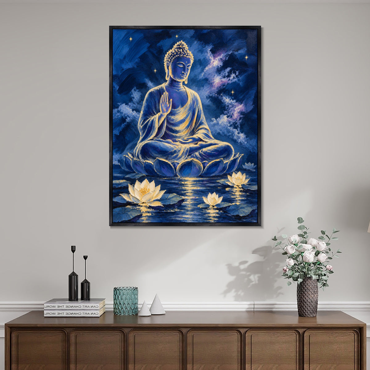 INVIN ART Framed Canvas 100% Handpainted Oil Painting Buddha Above the Lotus Pool Wall Art