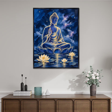 INVIN ART Framed Canvas 100% Handpainted Oil Painting Buddha Above the Lotus Pool Wall Art