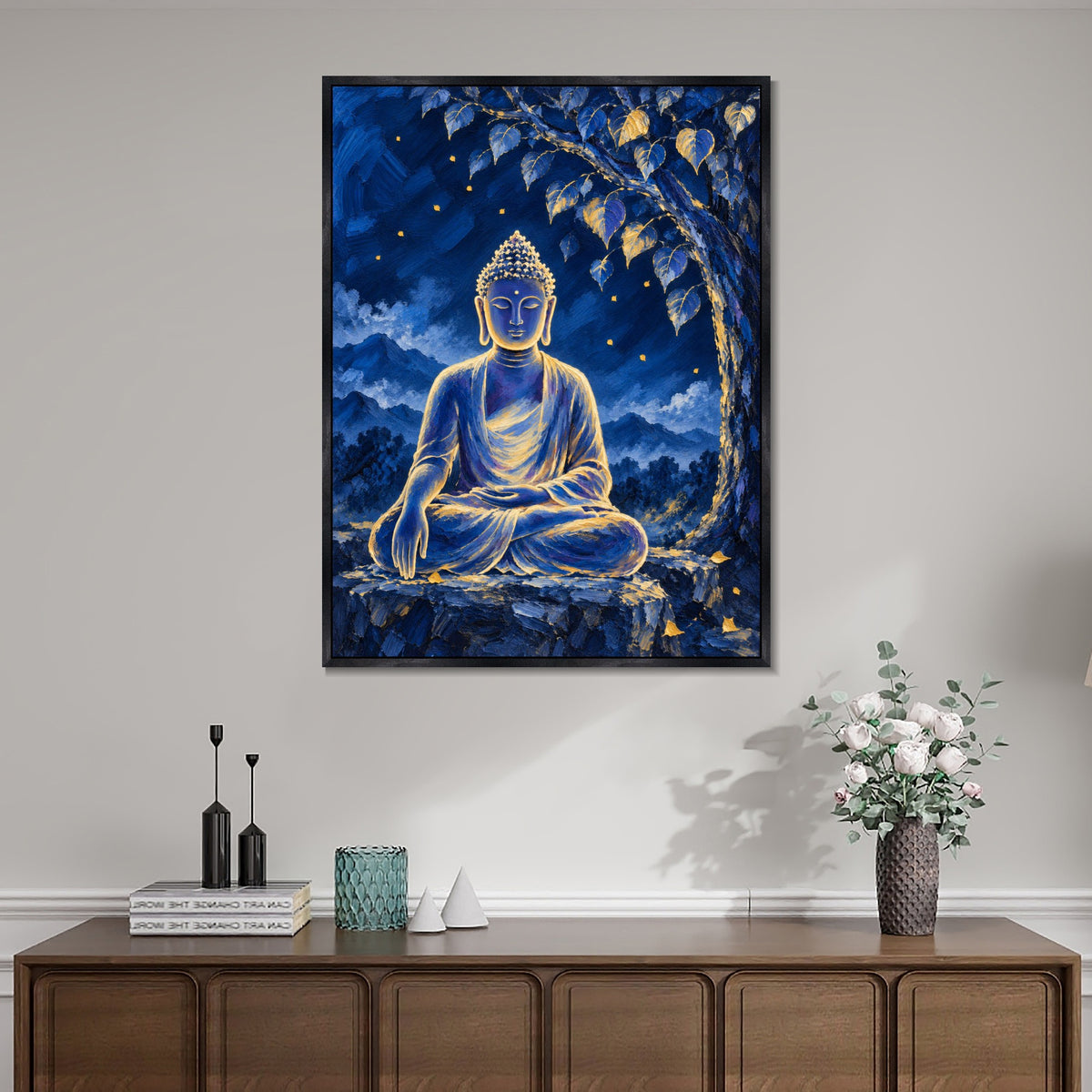 INVIN ART Framed Canvas 100% Handpainted Oil Painting Buddha Beneath the Night Tree Wall Art