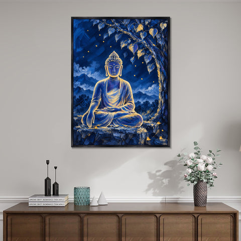 INVIN ART Framed Canvas 100% Handpainted Oil Painting Buddha Beneath the Night Tree Wall Art
