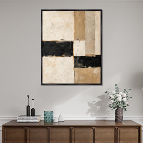 INVIN ART Framed Canvas 100% Handpainted Oil Painting Black Bands and Sand Columns Wall Art