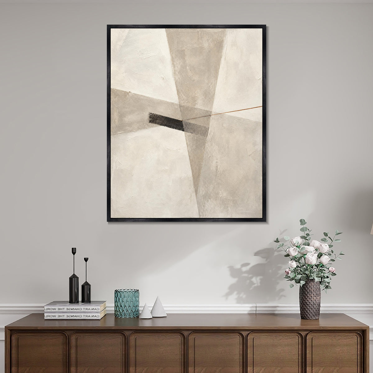 INVIN ART Framed Canvas 100% Handpainted Oil Painting Intersecting Gray Planes Wall Art