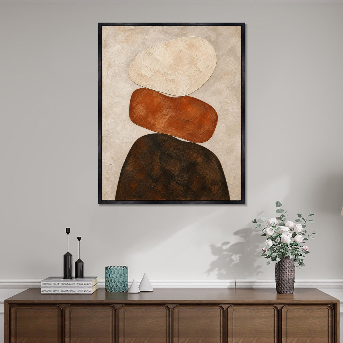 INVIN ART Framed Canvas 100% Handpainted Oil Painting Stacked Stone Shapes Wall Art