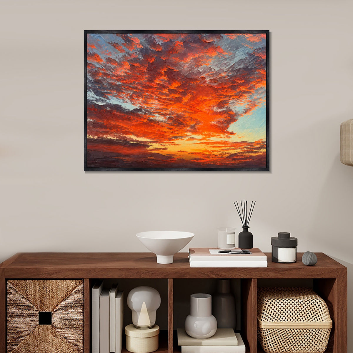 INVIN ART Framed Canvas 100% Handpainted Oil Painting Ember Clouds at Dusk Wall Art