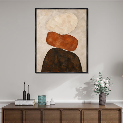 INVIN ART Framed Canvas 100% Handpainted Oil Painting Stacked Stone Shapes Wall Art
