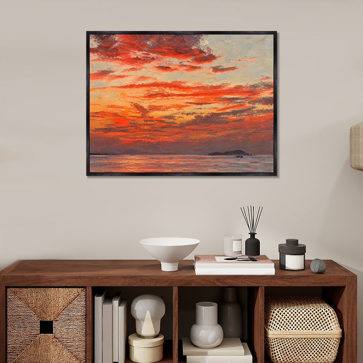 INVIN ART Framed Canvas 100% Handpainted Oil Painting Crimson Evening Over the Sea Wall Art