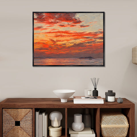 INVIN ART Framed Canvas 100% Handpainted Oil Painting Crimson Evening Over the Sea Wall Art