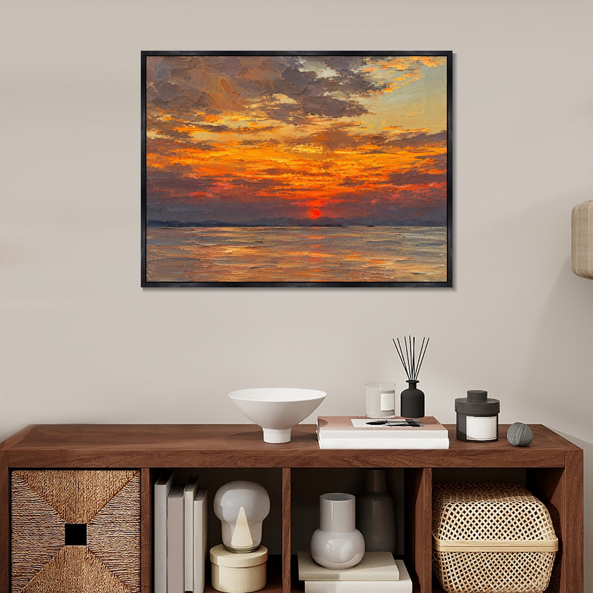 INVIN ART Framed Canvas 100% Handpainted Oil Painting Golden Sunset Reflections Wall Art