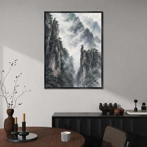 INVIN ART Framed Canvas 100% Handpainted Oil Painting Clouds Around Stone Peaks Wall Art